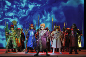 Joo Won Kang as Lord Erlang (center) with Christopher Jackson as King of the North, Chester Pidduck as King of the South, Jonathan Smucker as King of the East, and William O'Neill as King of the West in Huang Ruo and David Henry Hwang's "The Monkey King."Photo: Cory Weaver/San Francisco Opera